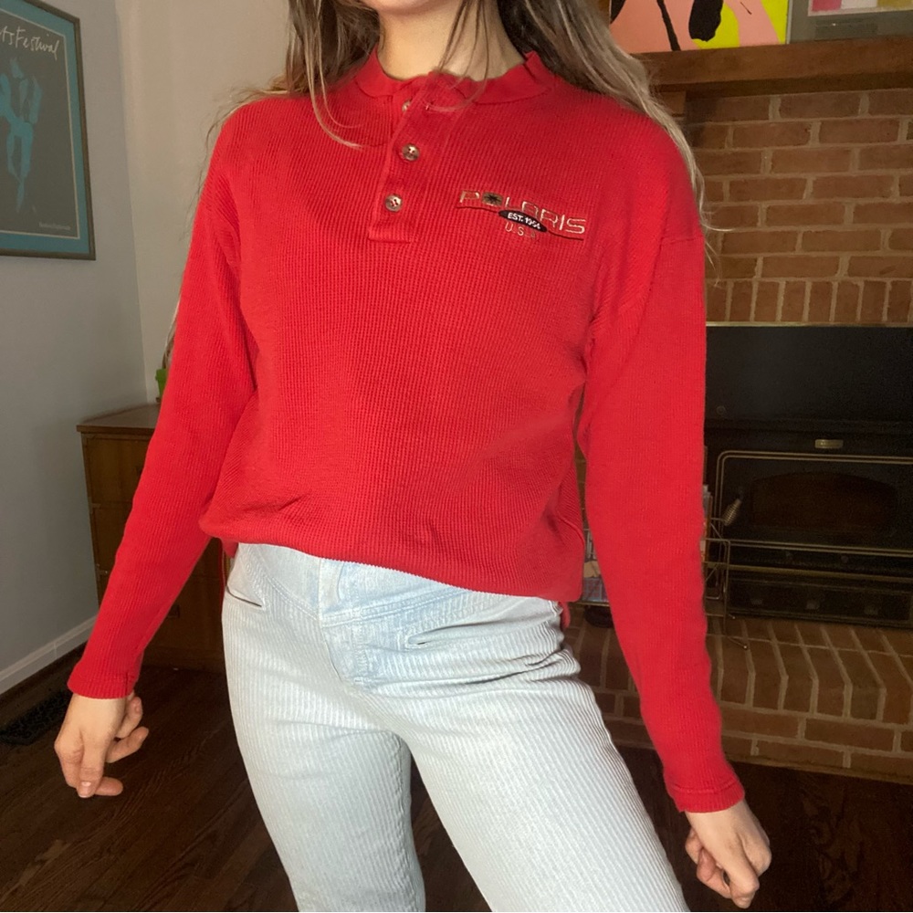 Vintage 90s Polaris Oversized Waffle Thermal Henley Long Sleeve Embroide…